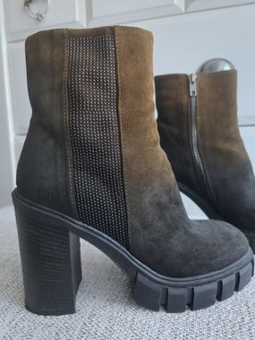 Italian Olive Suede Block Heel Ankle Boots with Studded Panel